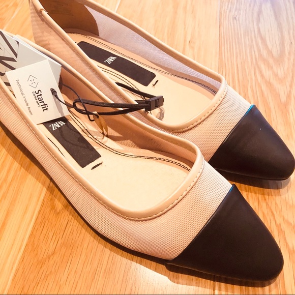 NWT Zara Cream Black Capped Toe Mesh Leather Mules - Picture 6 of 9